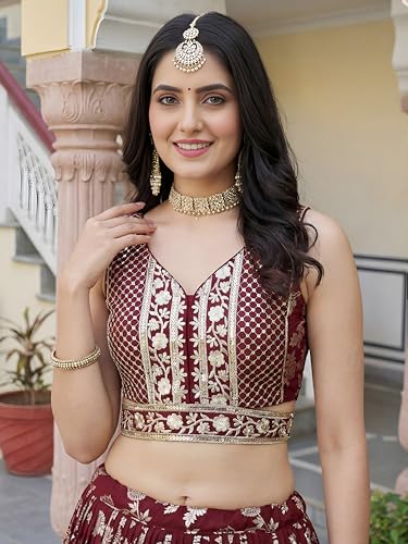 Zeel Clothing Women's Sequins Zari Embroidered Dola Silk Jacquard Lehenga Choli With Dupatta (7100-Maroon-Women-New-Lehenga-Choli, Free size) (Maroon)