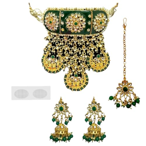 ACCESSHER Gold Plated Green Meenakari Rajwadi Style Choker Set with Earrings & Maangtikka with a Pair of Transparent Maagtikka Supporter Patch | For Women & Girls