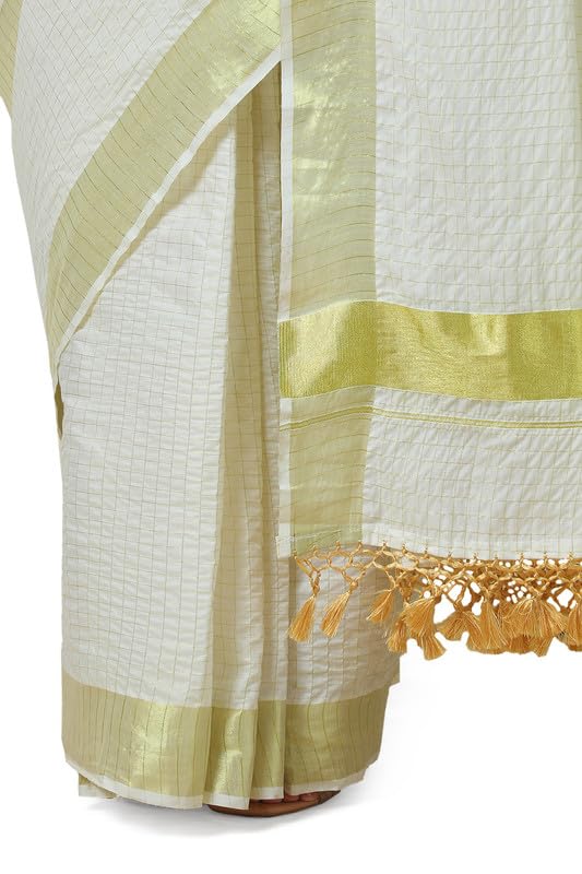 Soch Womens Cream Cotton Blend Woven Design Kasavu Saree With Tassels