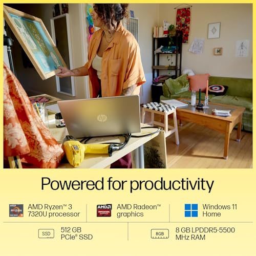 HP 15 AMD Ryzen 3 7320U (8GB LPDDDR5 Ram/512GB NVMe M.2 SSD/Anti Glare, Micro Edge/15.6" (39.6 Cm) FHD/Backlit Keyboard/Win11 Home+MS Office'21/ AMD Radeon Graphics, HD Camera/1.59Kg/Silver) Fc0026AU