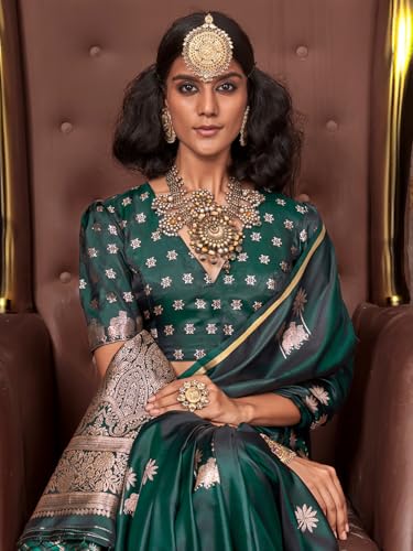 AKHILAM Women's Green Satin Silk Ethnic Motif Printed Saree With Unstitched Blouse (KNTHKLP397005_RJ)