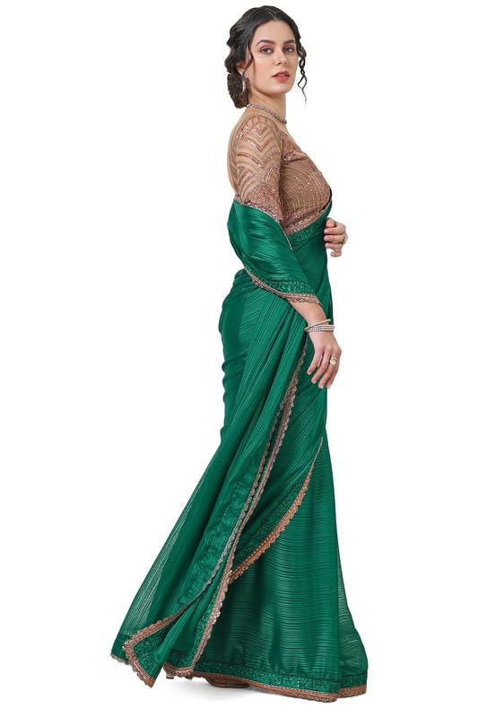 Soch Womens Green Chiffon Striped Saree with Copper Lace Border