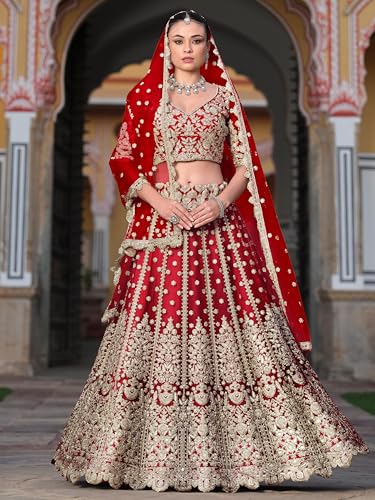 Zeel Clothing Women's Zari Sequins Embroidered Work Soft Net Lehenga Choli With Dupatta (6013-Women-Lehenga-Choli-Latest; Free size) (Yellow) (Red)