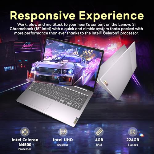 Lenovo Ideapad 3 15.6" FHD Chromebook, Intel Celeron N4500, 4GB RAM, 224GB Storage (64GB SSD+160GB Docking Station Set), ‎Intel UHD Graphics, Full Size Keyboard, Chrome OS, Artic Gray
