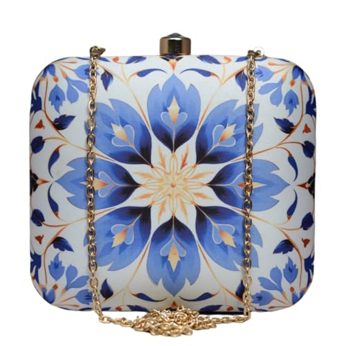 Artklim White And Blue Printed Clutch