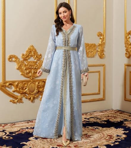 Embroidery Abayas for Women Muslim Moroccan Floral Maxi Kaftan Dress Arabic Islamic Dubai Robe Ramadan Prayer Clothes, Light Blue, S