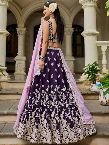 Zeel Clothing Women's Zari Sequins Embroidered Work Rangoli Silk Lehenga Choli With Dupatta (5139-Purple-Women-Lehenga-Choli; Free size)