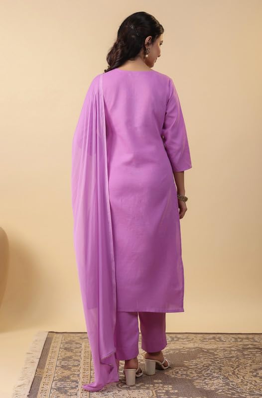Anekha Women's Lavender Cotton Blend Yoke Embroidery Straight Kurta Set(ANC24ST00311-S)