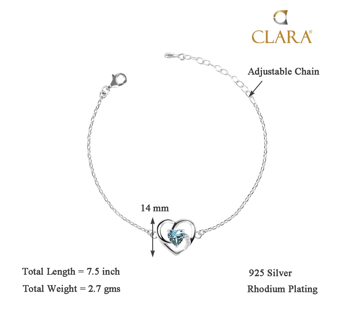 Clara 925 Sterling Silver Heart Bracelet, Adjustable, Rhodium Plated, Swiss Zirconia Gift for Women and Girls