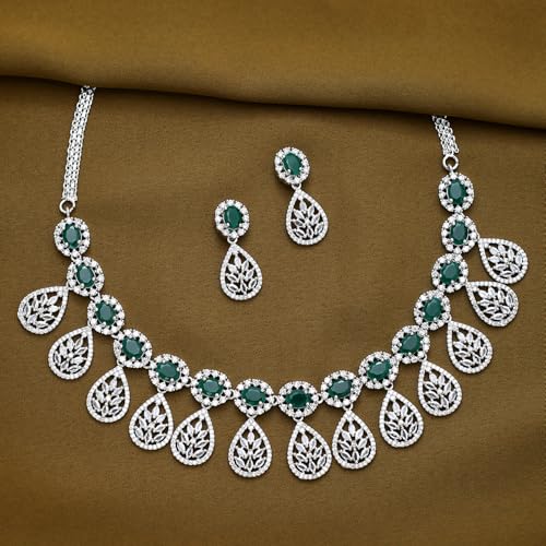 VOYLLA Sparkling Elegance Radiant Reverie American Diamond Necklace Set |Necklace Sets For Women| Short Necklace Set For Women|Wedding|Party|Gift For Women|American Diamond|Cz Necklace Sets|