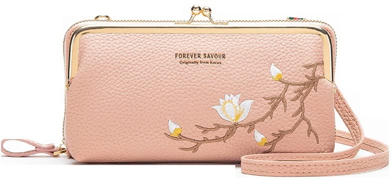 MOCA Women Sling Cross-Body Wallet with Mobile Cell Phone Holder Pouch Pocket Purse Clutch Bag with Card Slots/Shoulder Strap For Womens (Pink)