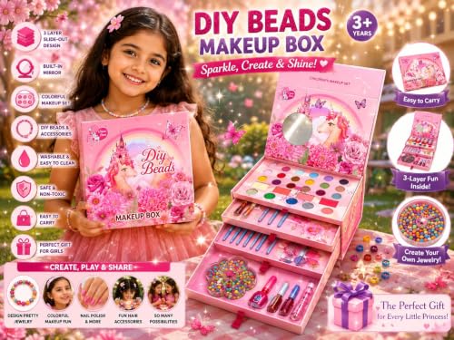 ZYCRONIX Kids Makeup Kit for Girls with DIY Beads, Multi-Layer Unicorn Makeup Box with Eyeshadow, Blush, Glitter, Lipstick, Lip Balm, Nail Polish, Brushes & Jewellery Making Set, Birthday Gift