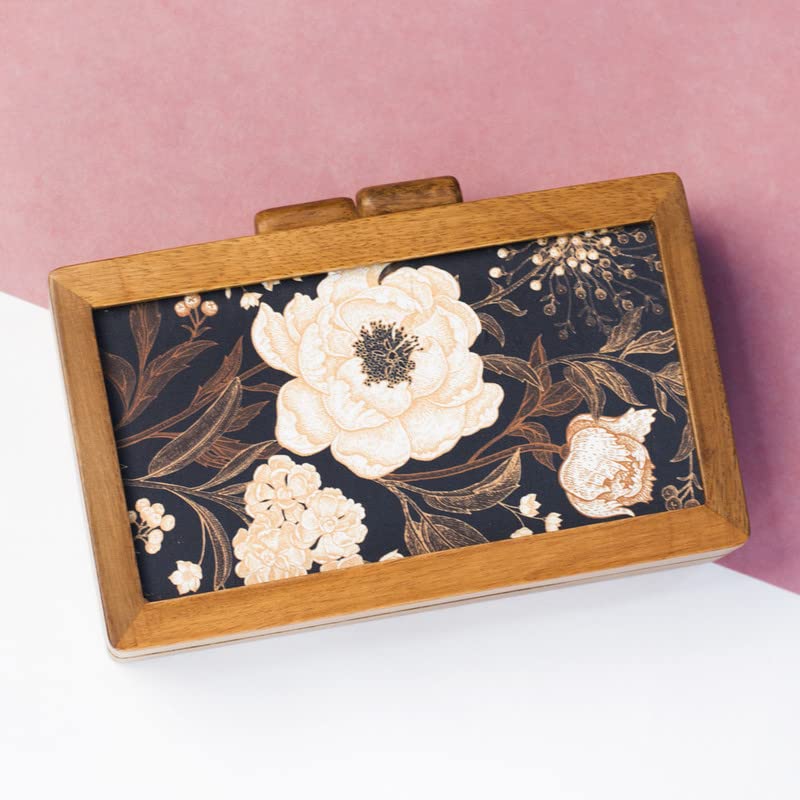 Artklim Bold Black Floral Printed Wooden Clutch