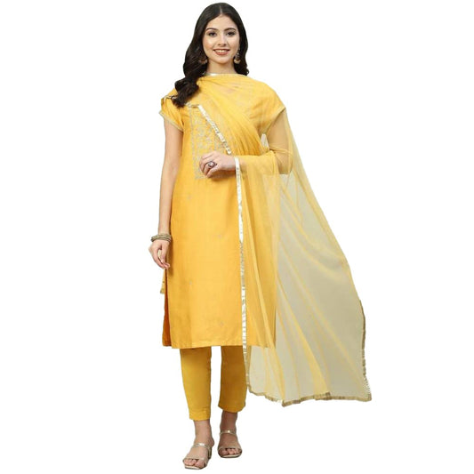 Biba Women Polycotton Printed Narrow Salwar Kurta Dupatta(Skdassorted8331_Mustard_38)