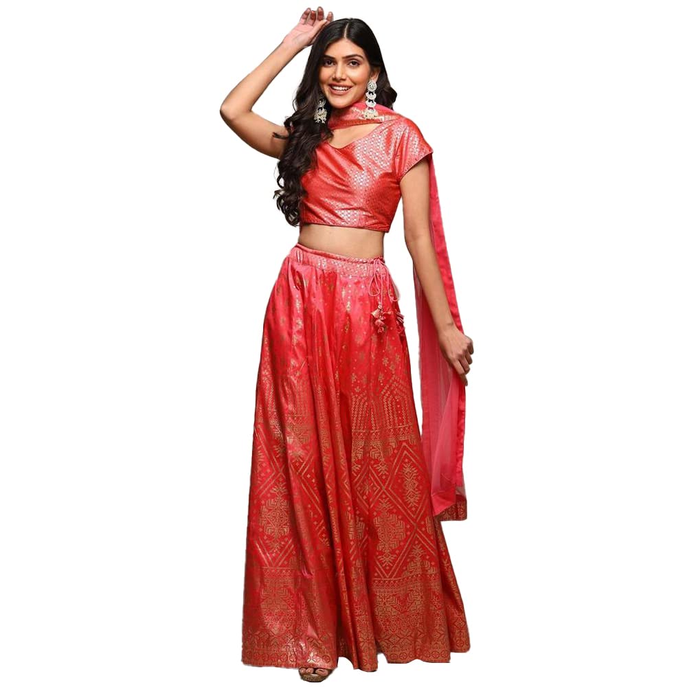 BIBA Women Poly Tafetta;Cotton Blend Lehenga Choli Readymade Coral Pink S