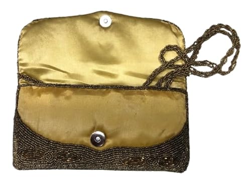 OLL OO LA LA BEAUTY Womens Handcrafted Beaded Clutch Purse, 25 Cm X 15 Cm, Golden Brown Color