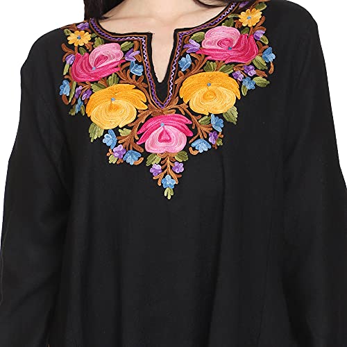 CRAFTBAZAR Kashmiri Woolen Black phiran with Multi Colour Embroidery Plus Size
