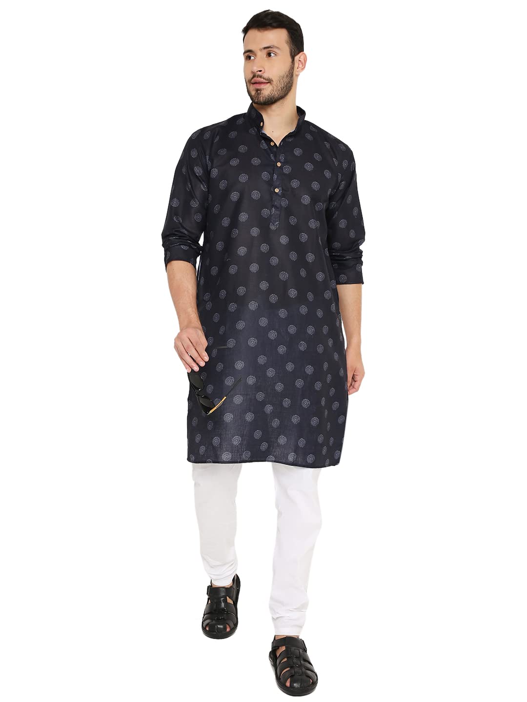 LUCKWIN Linen Regular Fit, Mandarin Collar, Printed Kurta Pyjama Set in Blue for Men [LWKP160-44-2023]