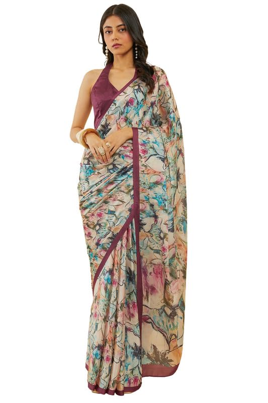 Soch Womens Wine Floral Print Crepe Saree