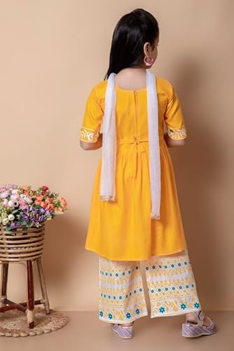 NEW JON Girl's Traditional Cotton Straight Kurta and Pant with Dupatta Set(Yellow, Size: 7-8 Years)