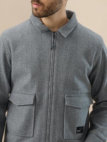 Status Quo Men's Solid Wool Blend Finish Spread Collar Front Flap Pocket Shacket | 90% Polyester,10% RAYON | GREY | 4XL Size
