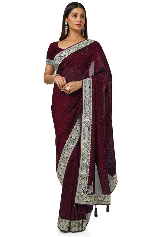 Soch Womens Maroon Zari Embroidery Tussar Saree With Stone Embellish