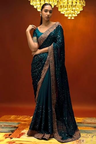 Soch Women Turquoise Solid Saree