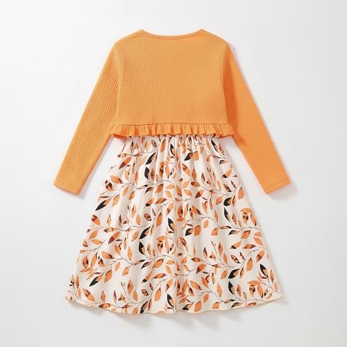 Hopscotch Girls Leaf Bow Applique Casual Dress in Orange Color for Age (6-7 Years)