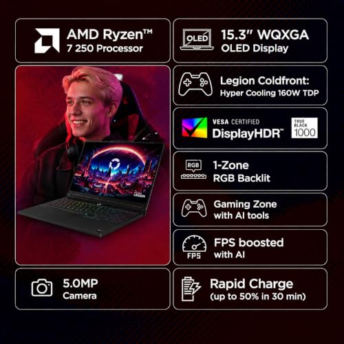 Lenovo Legion 5 2026 AMD Ryzen 7 250 | NVIDIA RTX 5060 8GB (16GB RAM/512GB SSD/WQXGA OLED/165Hz/15.3"(38.8cm)/Windows 11/Office 2024+AI Now/Black/2.5Kg), 83Q7009KIN AI Powered Gaming Laptop