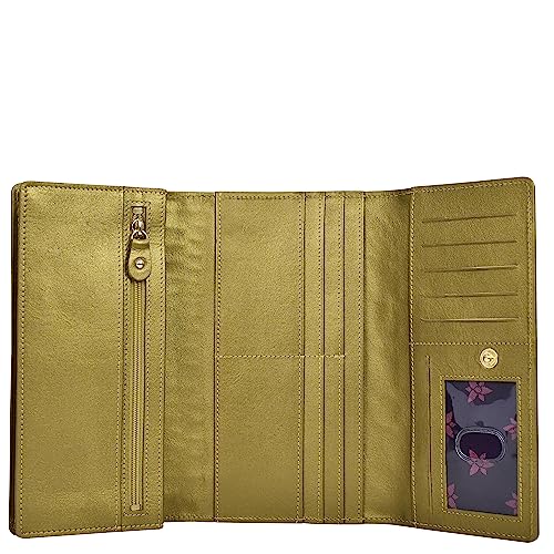 Anuschka Women’s Hand-Painted Genuine Leather RFID Blocking Three Fold Wallet - Croc Embossed Desert Gold