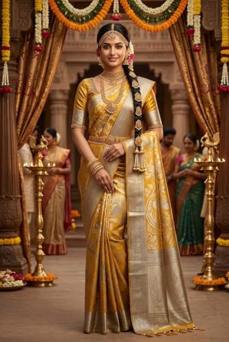 VFCollections Women's Traditional Handloom Kanchipuram Silk Pure Pattu Sarees | Rich Zari Woven Design | Bridal Saree | Unstitched Blouse (VFC662-2)