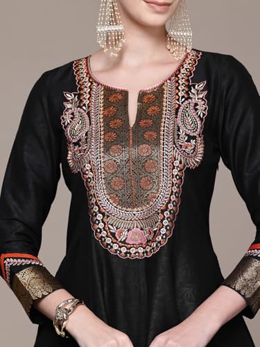 Aarke Ritu Kumar Black Humayra Solid Round Neck Kurta With Pant And Dupatta