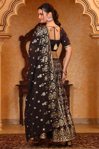Aurelia Women’s Abstract Printed Tape Embellished Straight Black Crop Top, Skirt and Dupatta Set (Size-XXL)-AS16060-509644