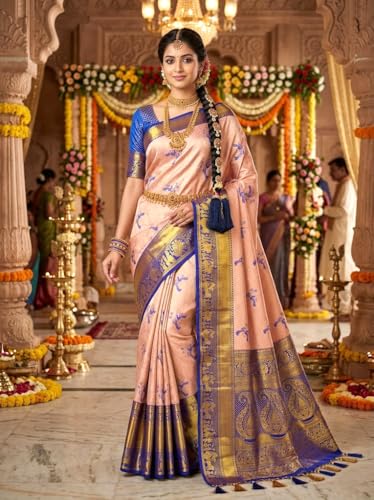 VFCollections Women's Traditional Handloom Kanchipuram Silk Pure Pattu Sarees | Rich Zari Woven Design | Bridal Saree | Unstitched Blouse (VFC696-5)