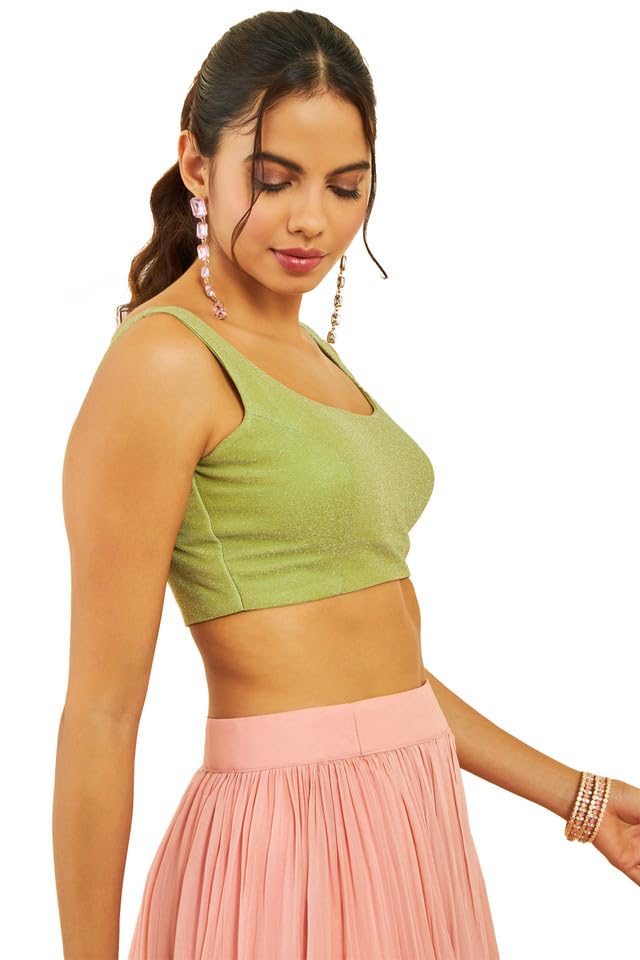 Soch Womens Light Green Shimmery Scoop-Neck Back-Open Sleeveless Blouse