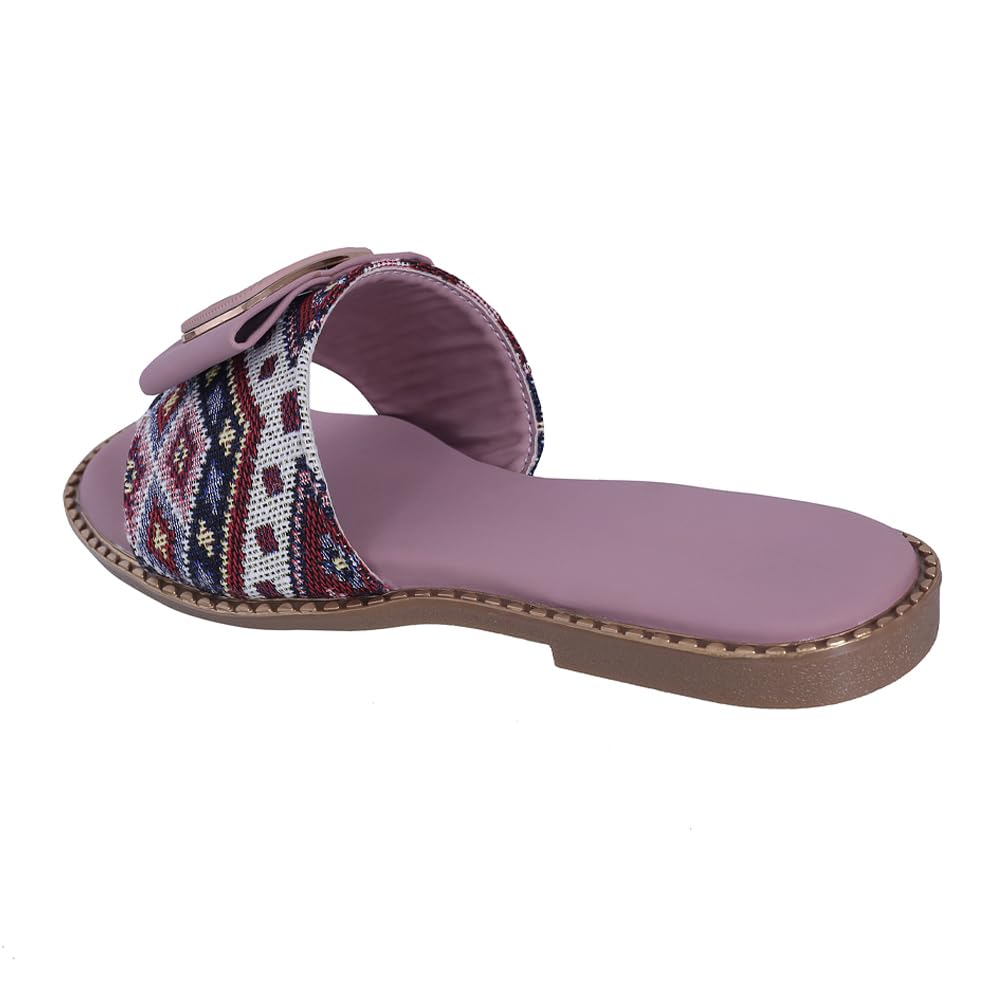 Pluxh Women Printed Toe-Ring Slip-On Sandals with Decorative Buckle | Cushioned Ethnic Casual Flats for Daily |5UK
