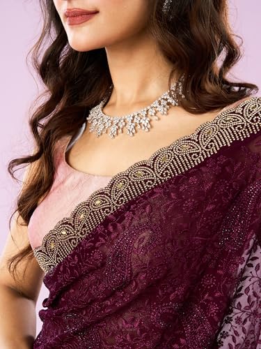 MOHEY Women's Georgette Embroidery|Stone Work Saree with Blouse Piece(Wine)