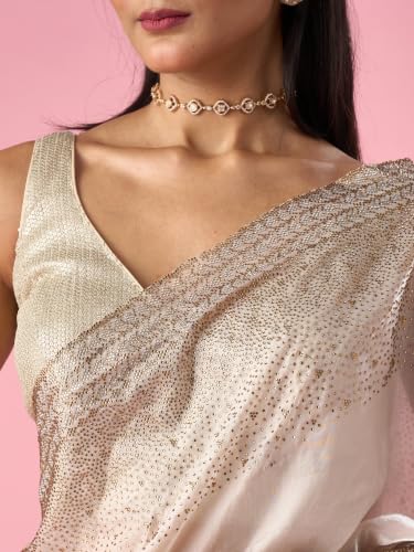 MOHEY Women's Cream Organza Saree with Stone Work with Blouse Piece (Cream)