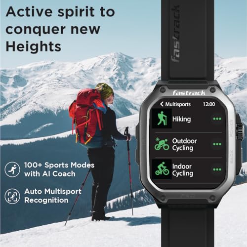 Fastrack Active Pro Rugged Smartwatch with 1.85" AMOLED Display with AOD|SingleSync BT Calling|Functional Crown|100+ Sports Modes|AI Coach|Auto Sport Recognition|AI Voice Assistant|24x7 Health Suite