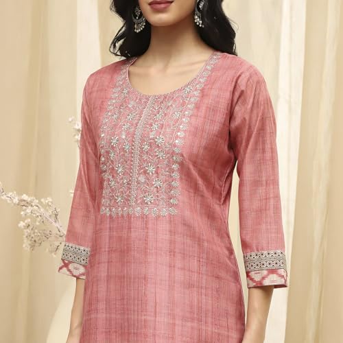 BIBA Women Peach Cotton Machine Embroidered Unstitched Suit Set_FREE SIZE