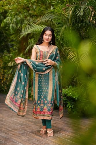 Women's Teal Green Printed Silk Blend Kurta Set With Dupatta And Pant