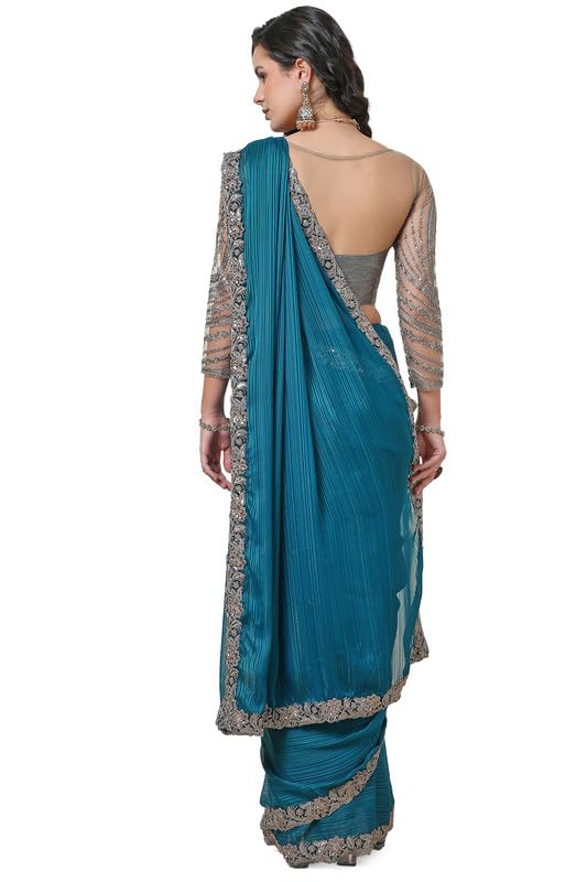 Soch Womens Teal Striped Chiffon Saree Sequins Border