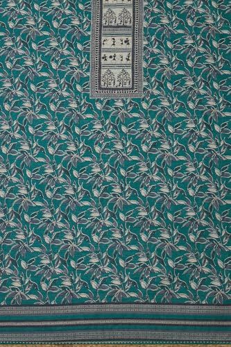Soch Womens Teal Green Art Tussar Floral Print Unstitched Dress Material With Zari