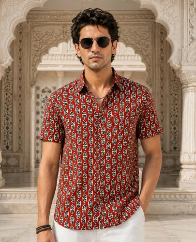 Majestic Man Men's Printed Pure Cotton Casual Shirt | Half Sleeve | Slim Fit | Collared Neck | Sanganeri/Jaipuri/Prints (in, Alpha, 2XL, Plus, Bright Rust)