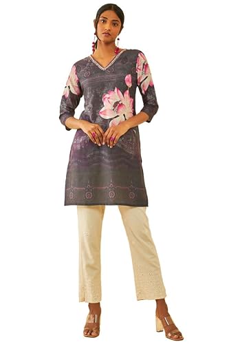Soch Womens Purple Muslin Blend Floral Printed Kurta with Embellishment