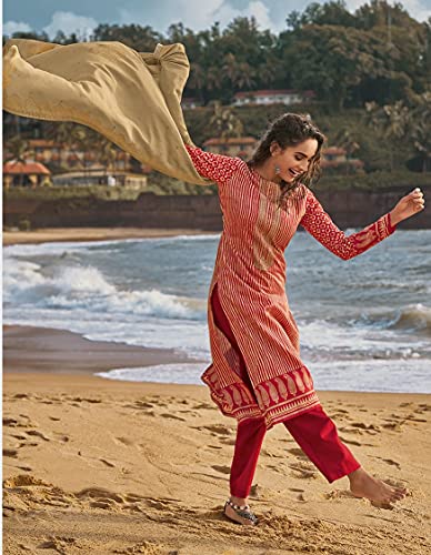 DRAVINAM Trends Women's winter wear digital Printed Pure Woollen Pashmina Salwar Suit Dress Material with Shawl Dupatta (red and beige)