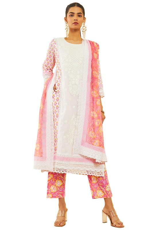 Soch Womens White Cotton Floral Printed Suit Set With Lace Work