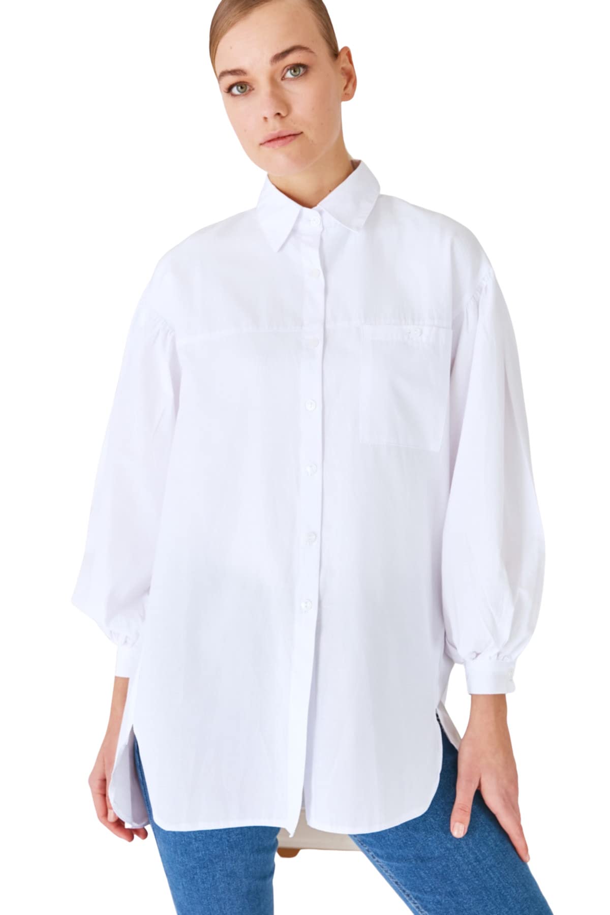 Trendyol Women Hijab Clothing Relaxed Fit Basic Shirt Collar Woven Modest Shirt, White, 38