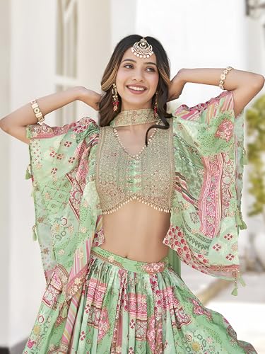 AG Clothing Women's Digital Print With Zari Dori Embroidery Work Chinnon Silk Lehenga Choli With Dupatta (ZC-Queen-7050-Green-Women-Lehenga-Choli-New; Free size)