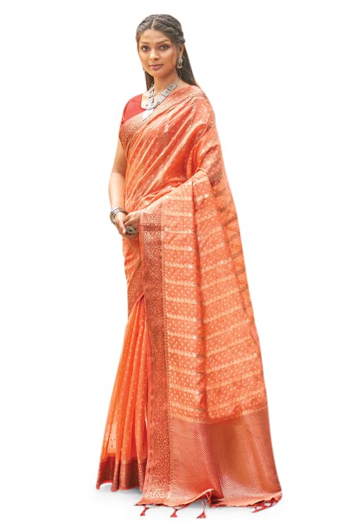 KARAGIRI Womens Organza Silk Orange Saree With Blouse Piece